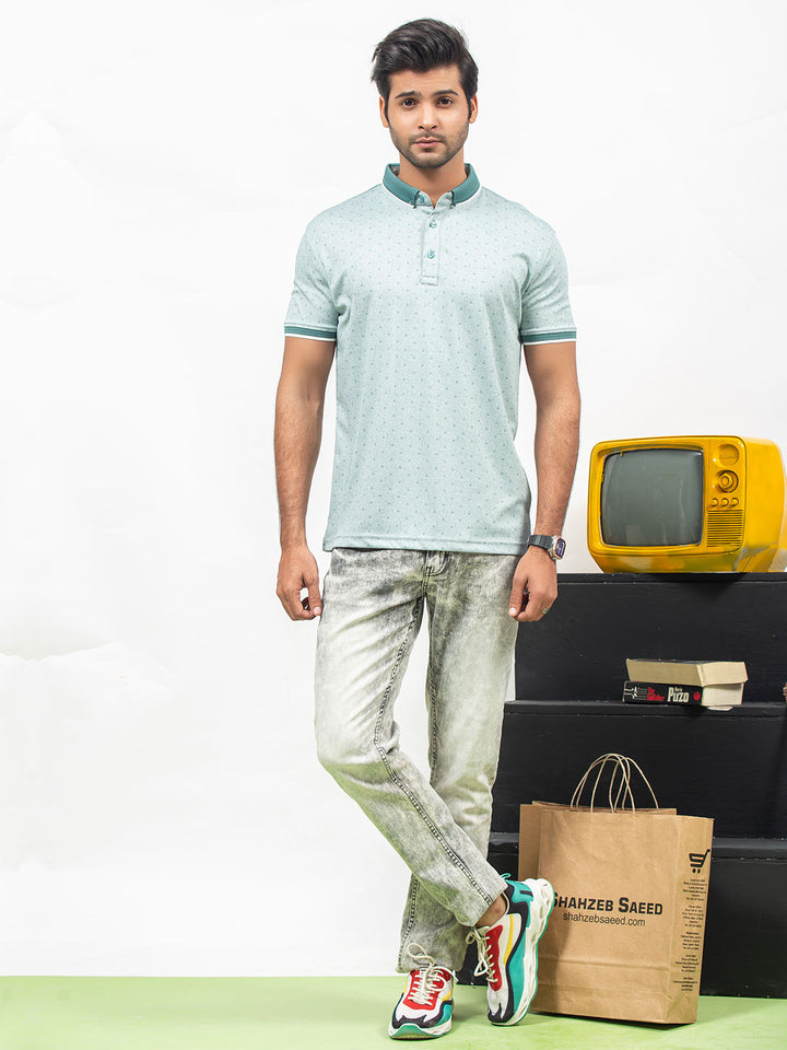 Green Leaf Printed Half Sleeves Button Down Contrast Collar Polo T-Shirt (POLO-285)