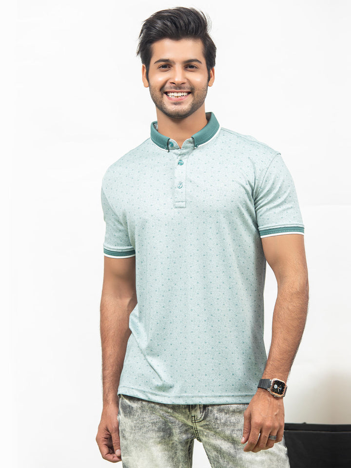 Green Leaf Printed Half Sleeves Button Down Contrast Collar Polo T-Shirt (POLO-285)