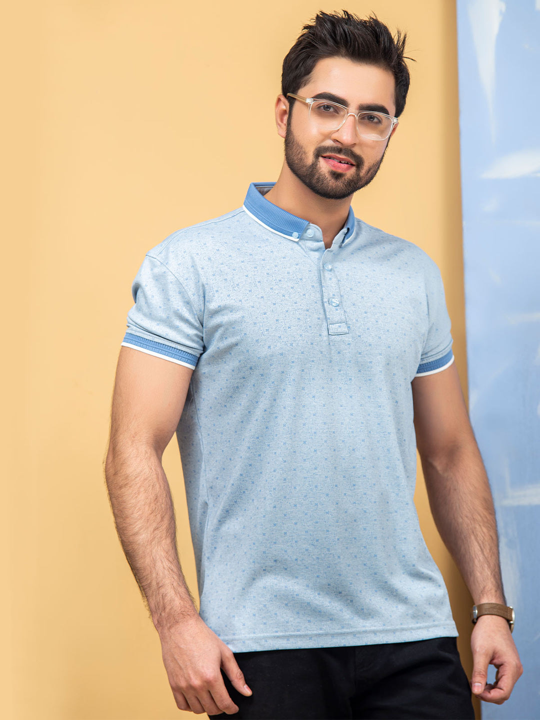 Light Blue Printed Half Sleeves Button Down Contrast Collar Polo T-Shirt (POLO-287)