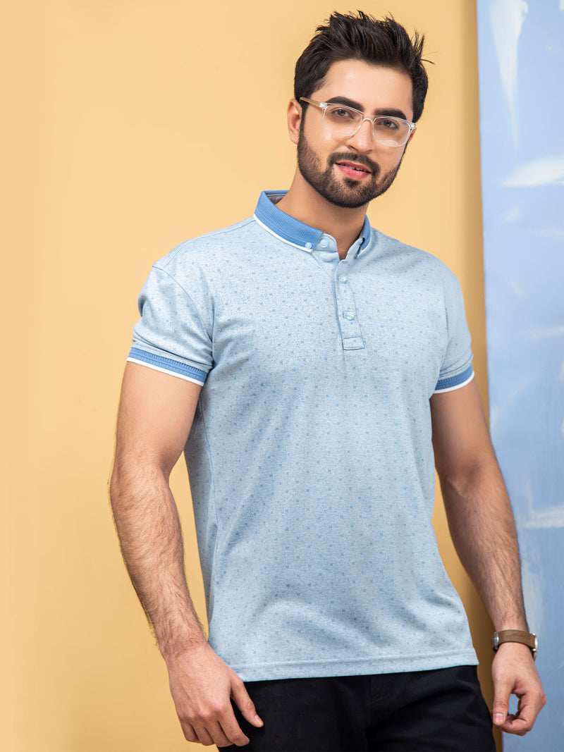 Light Blue Printed Half Sleeves Button Down Contrast Collar Polo T-Shirt (POLO-287)