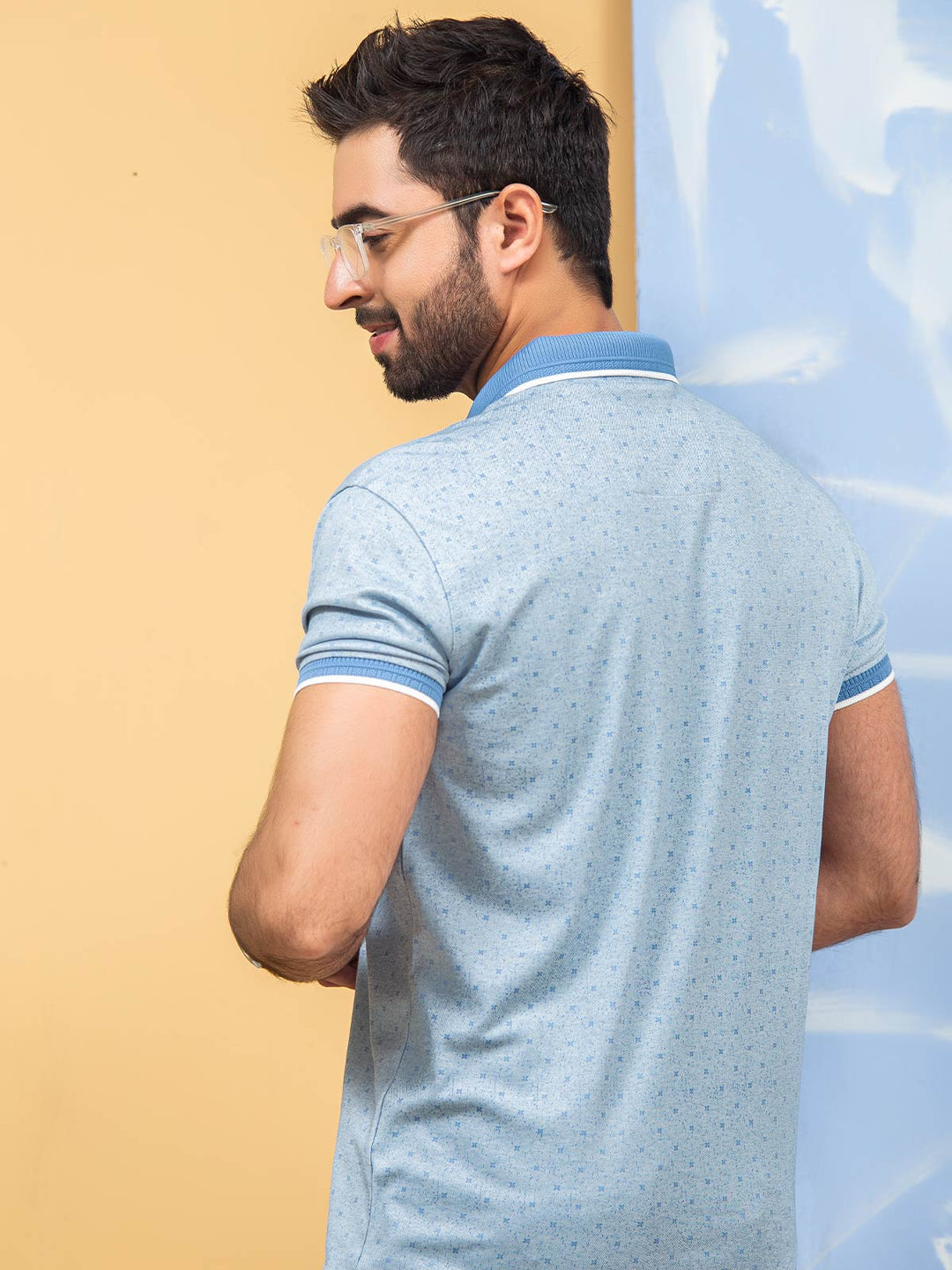 Light Blue Printed Half Sleeves Button Down Contrast Collar Polo T-Shirt (POLO-287)