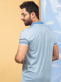 Light Blue Printed Half Sleeves Button Down Contrast Collar Polo T-Shirt (POLO-287)