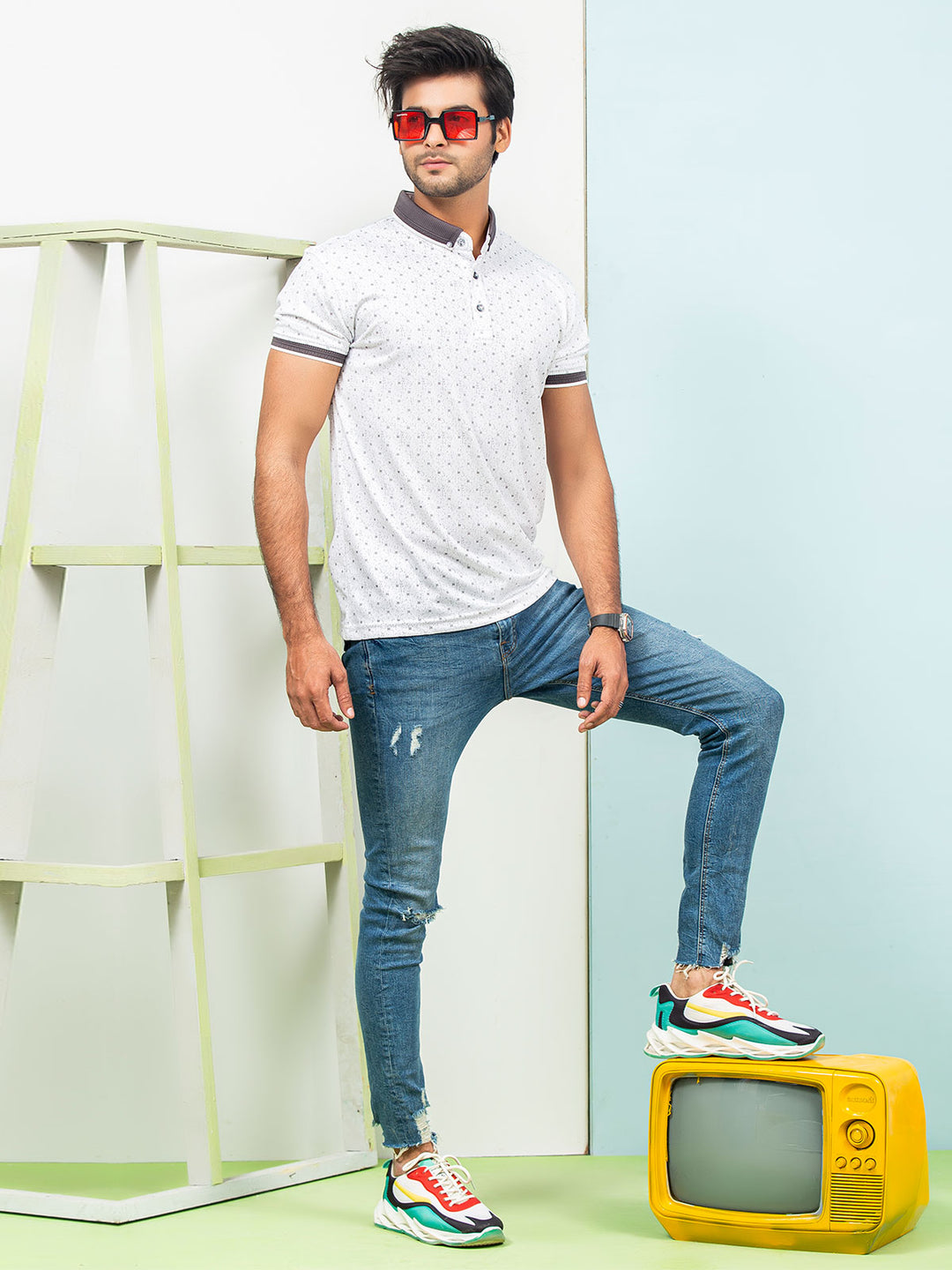 White & Grey Printed Half Sleeves Button Down Contrast Collar Polo T-Shirt (POLO-288)