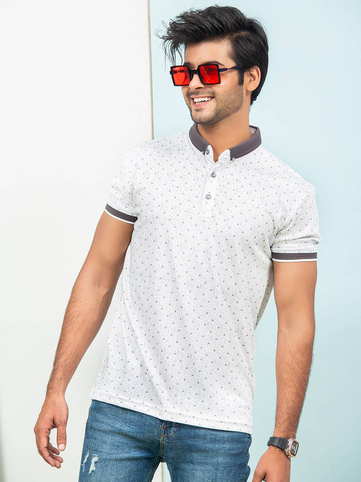 White & Grey Printed Half Sleeves Button Down Contrast Collar Polo T-Shirt (POLO-288)