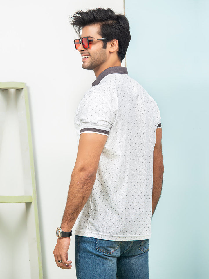 White & Grey Printed Half Sleeves Button Down Contrast Collar Polo T-Shirt (POLO-288)