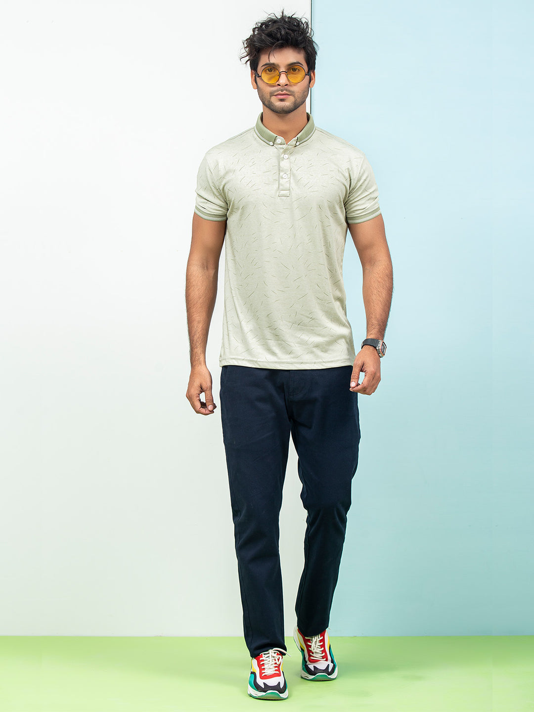 Light Green Printed Half Sleeves Button Down Contrast Collar Polo T-Shirt (POLO-291)