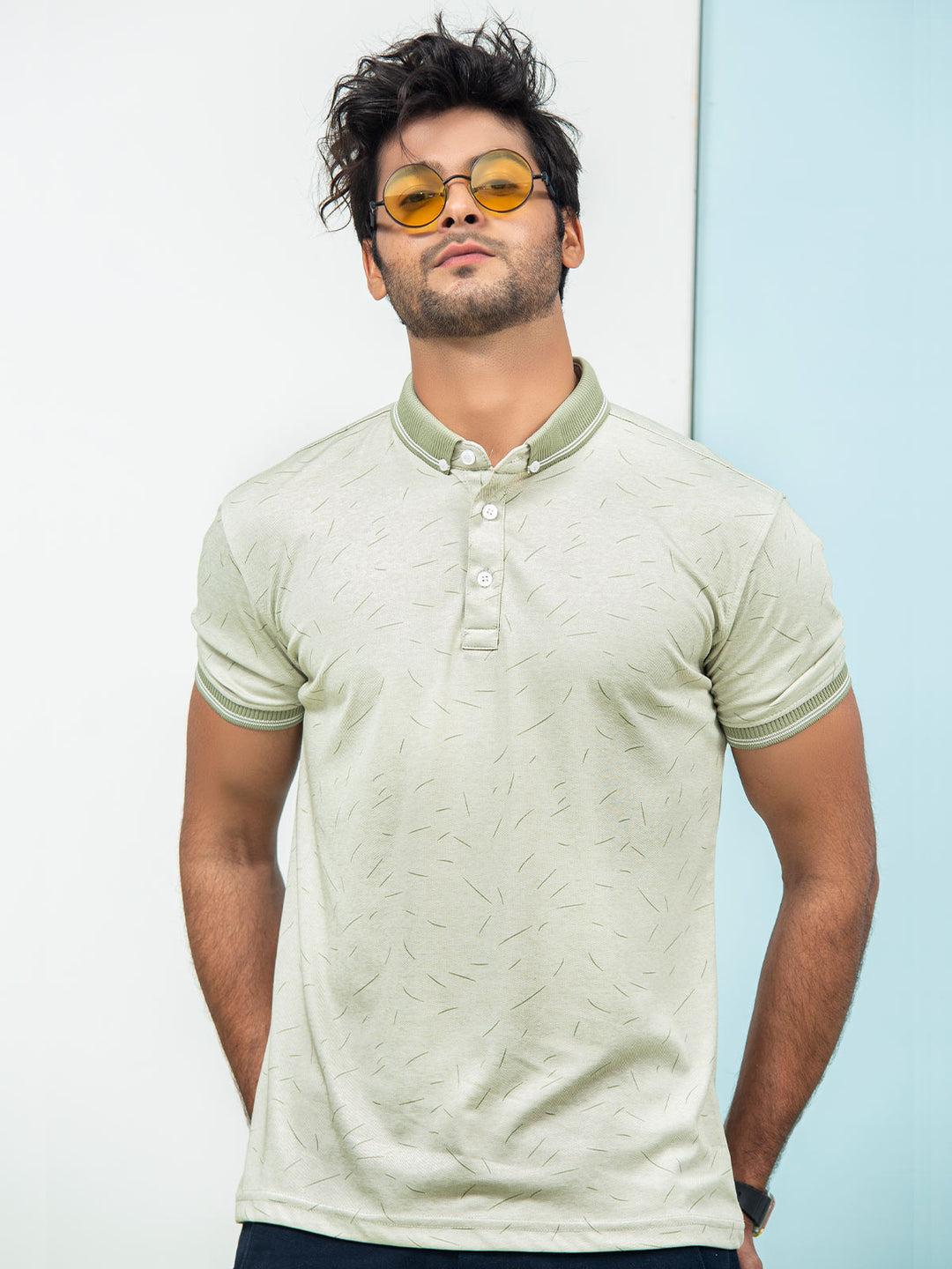 Light Green Printed Half Sleeves Button Down Contrast Collar Polo T-Shirt (POLO-291)