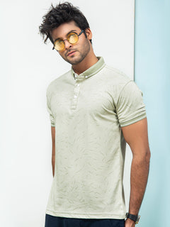 Light Green Printed Half Sleeves Button Down Contrast Collar Polo T-Shirt (POLO-291)