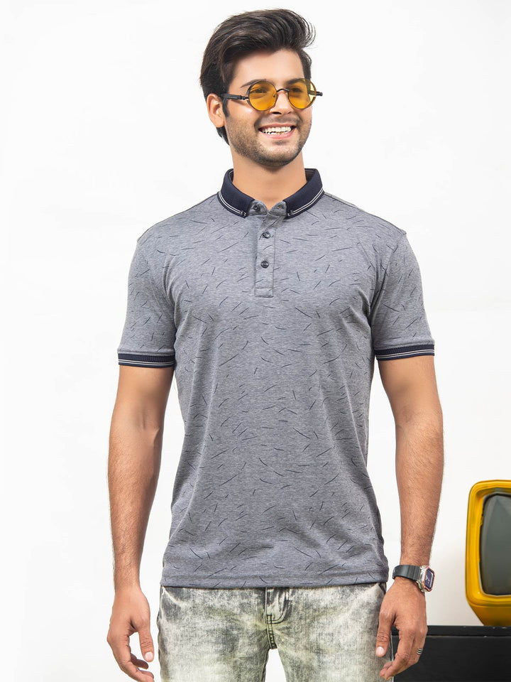 Navy Blue Printed Half Sleeves Button Down Contrast Collar Polo T-Shirt (POLO-292)