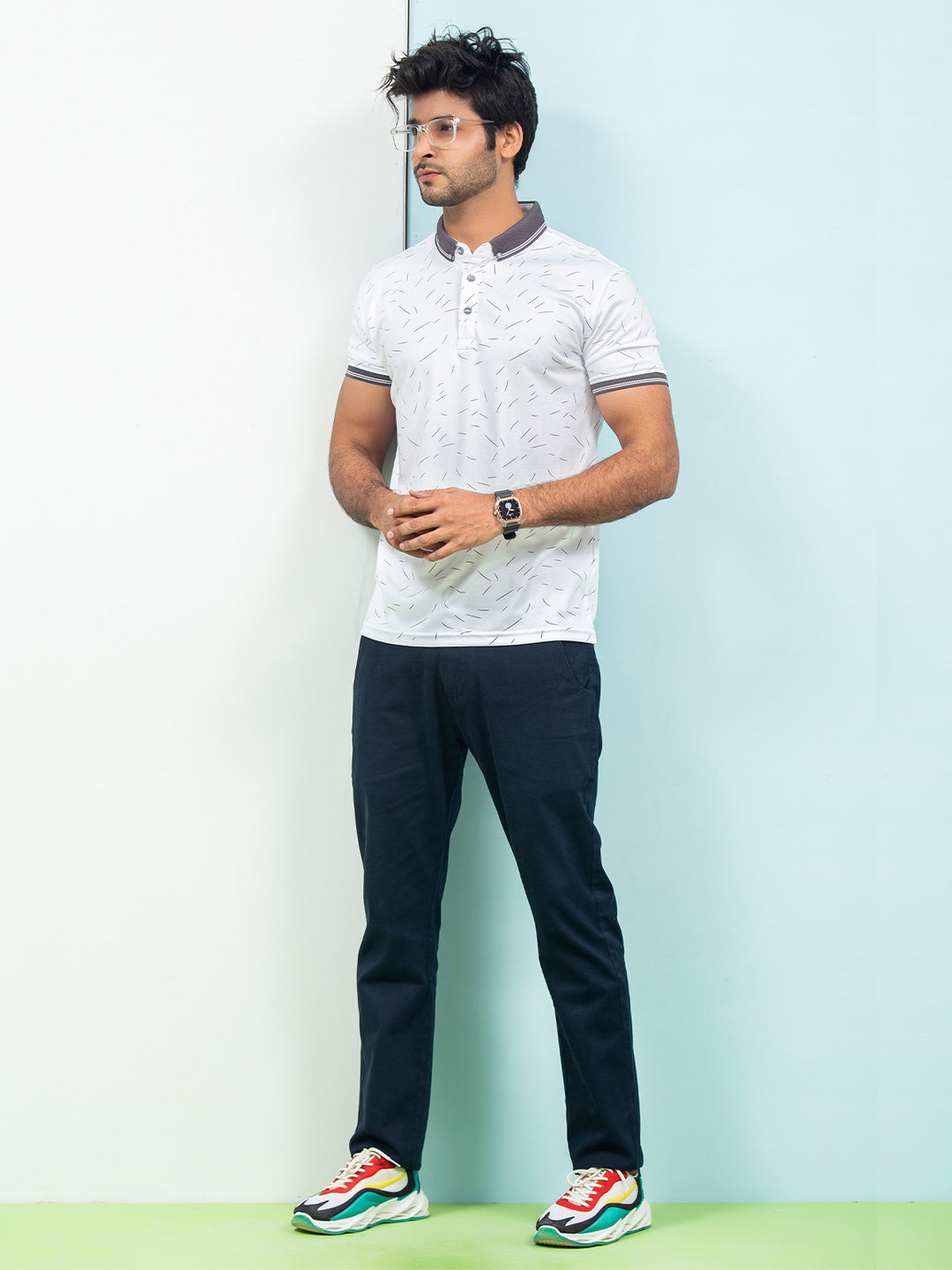 White & Grey Printed Half Sleeves Button Down Contrast Collar Polo T-Shirt (POLO-293)