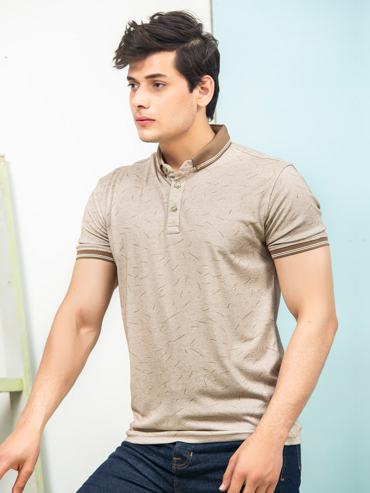 Light Brown Printed Half Sleeves Button Down Contrast Collar Polo T-Shirt (POLO-296)