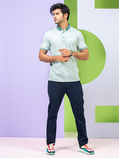 Green Printed Half Sleeves Button Down Contrast Collar Polo T-Shirt (POLO-301)