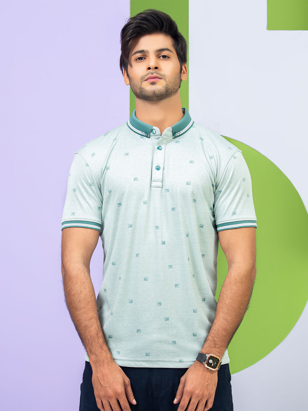 Green Printed Half Sleeves Button Down Contrast Collar Polo T-Shirt (POLO-301)