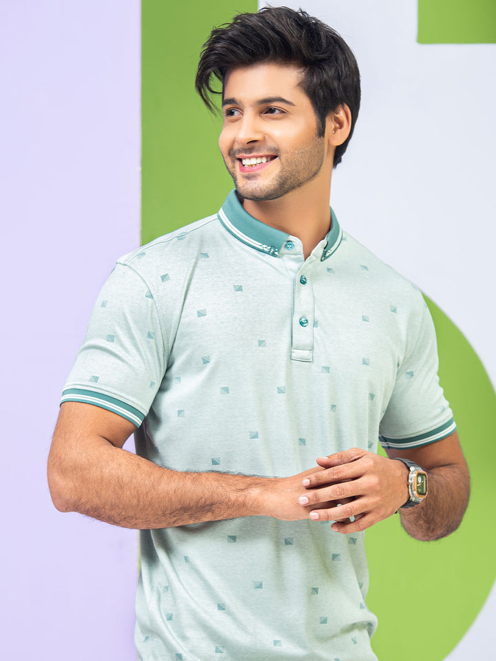 Green Printed Half Sleeves Button Down Contrast Collar Polo T-Shirt (POLO-301)