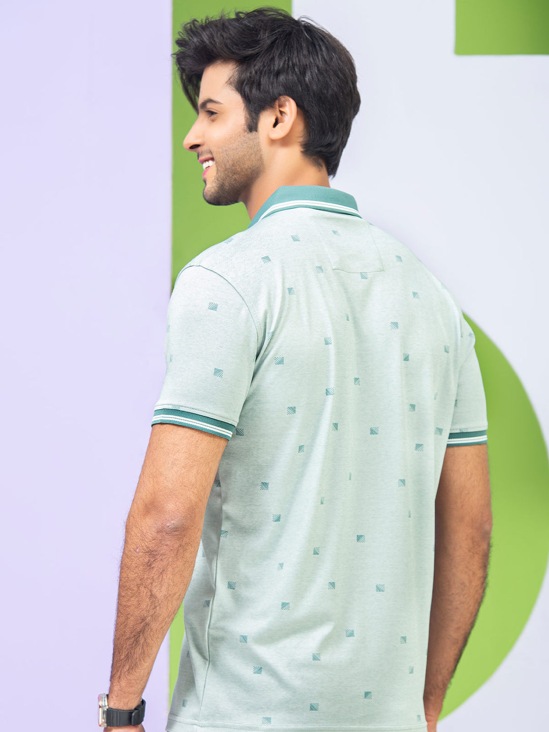 Green Printed Half Sleeves Button Down Contrast Collar Polo T-Shirt (POLO-301)