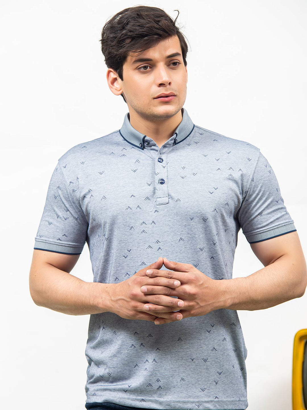 Blue Printed Half Sleeves Button Down Contrast Collar Polo T-Shirt (POLO-307)