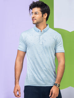 Light Blue Printed Half Sleeves Button Down Contrast Collar Polo T-Shirt (POLO-308)