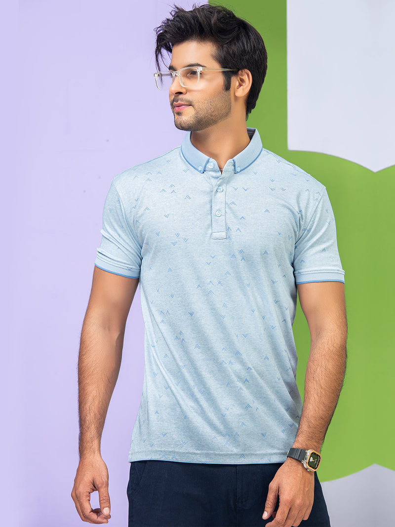 Light Blue Printed Half Sleeves Button Down Contrast Collar Polo T-Shirt (POLO-308)