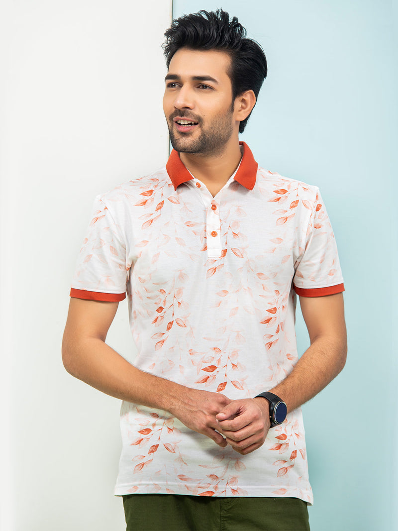 White & Rust Leaf Printed Half Sleeves Contrast Collar Polo T-Shirt (POLO-310)