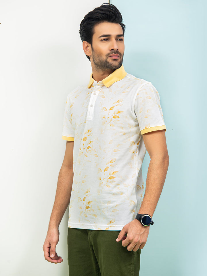 White & Lemon Leaf Printed Half Sleeves Contrast Collar Polo T-Shirt (POLO-311)