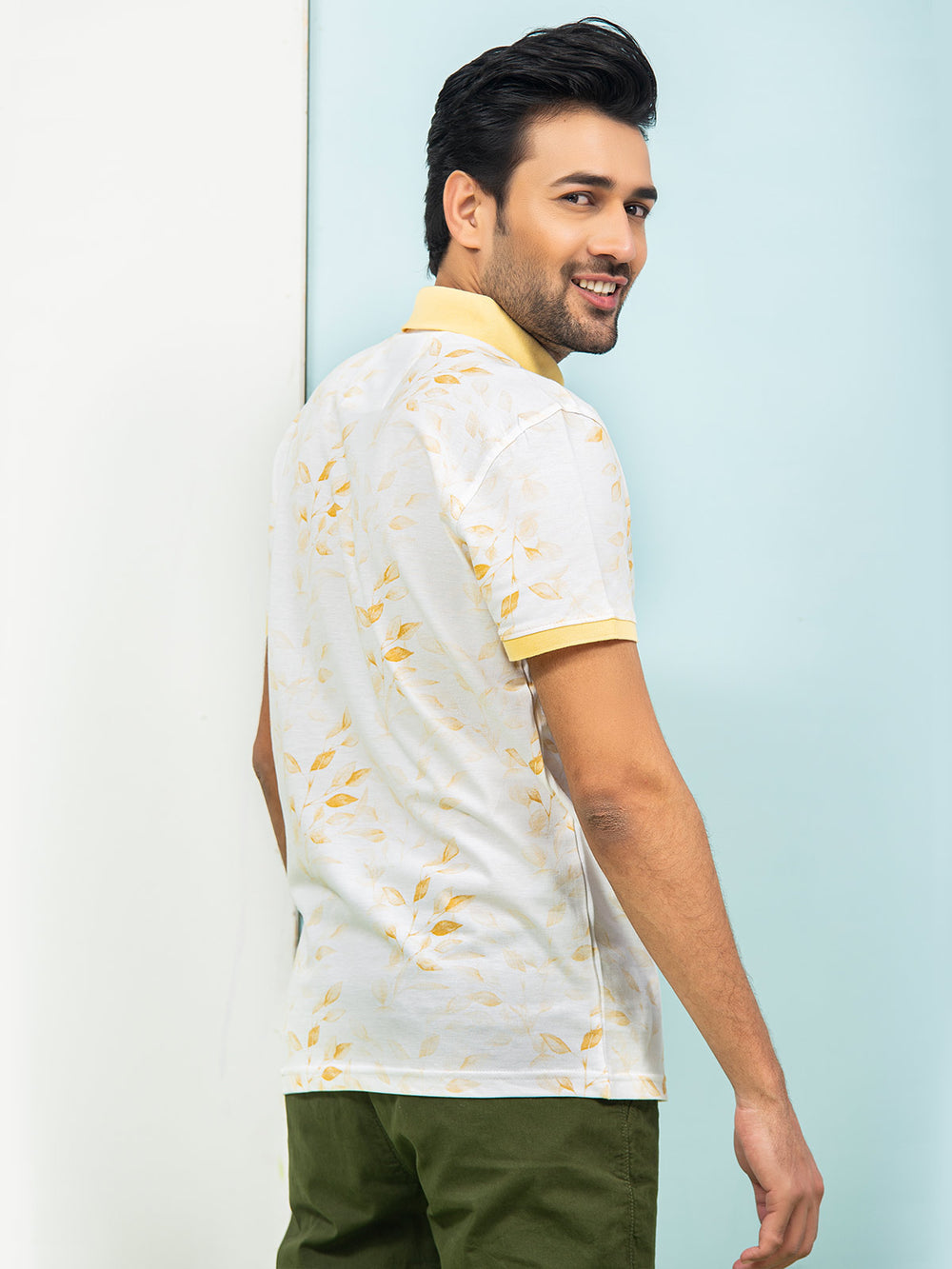 White & Lemon Leaf Printed Half Sleeves Contrast Collar Polo T-Shirt (POLO-311)