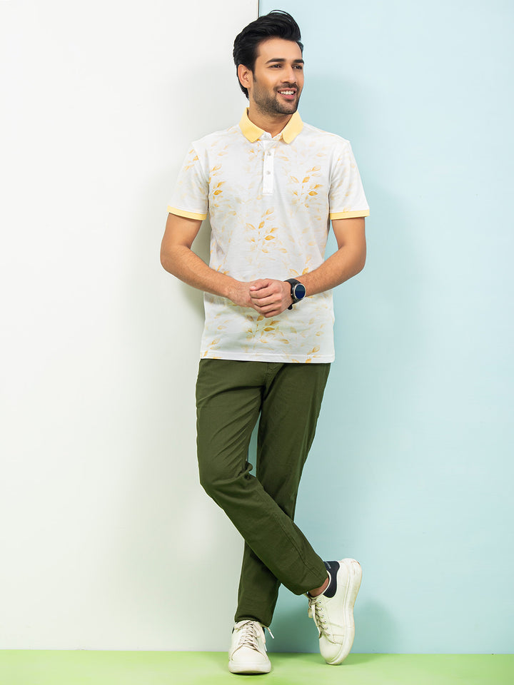 White & Lemon Leaf Printed Half Sleeves Contrast Collar Polo T-Shirt (POLO-311)