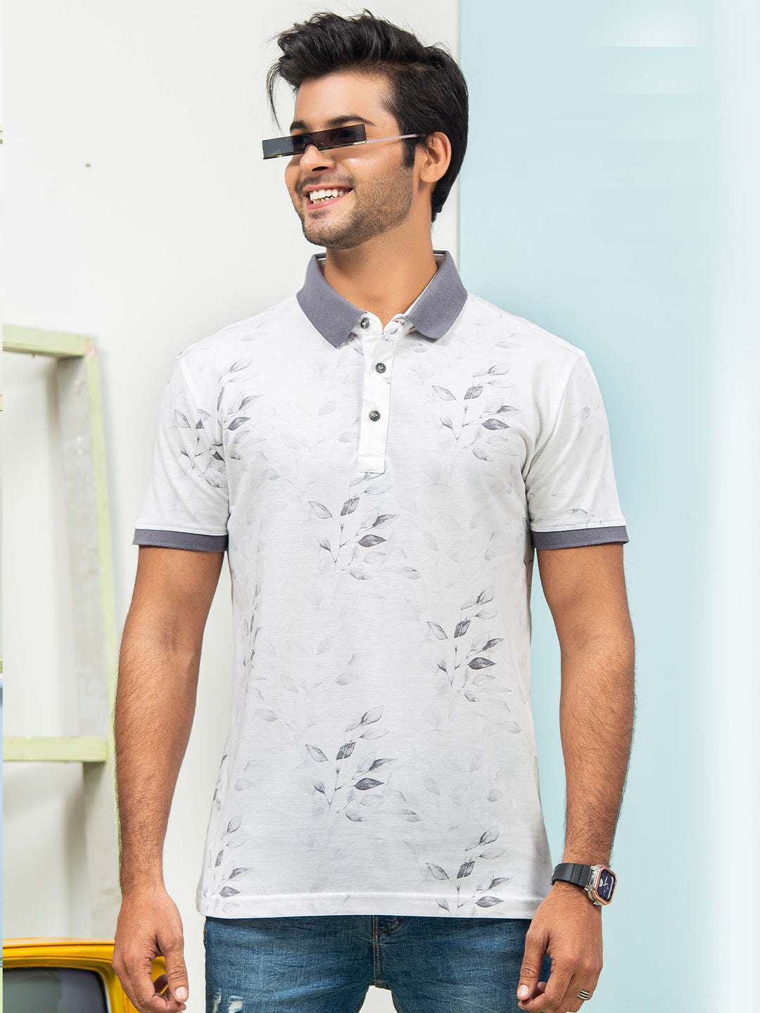 White & Grey Leaf Printed Half Sleeves Contrast Collar Polo T-Shirt (POLO-312)