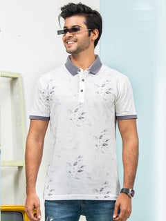 White & Grey Leaf Printed Half Sleeves Contrast Collar Polo T-Shirt (POLO-312)