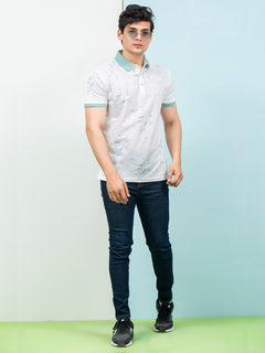 White & Light Green Leaf Printed Half Sleeves Contrast Collar Polo T-Shirt (POLO-314)