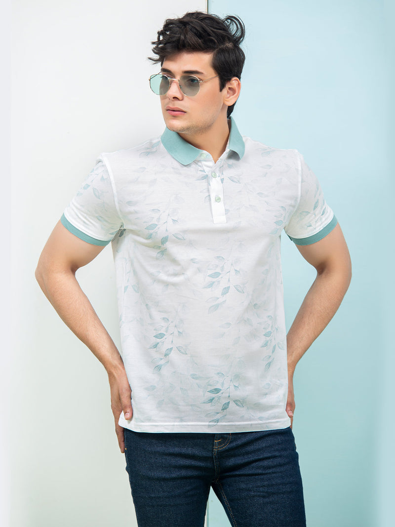 White & Light Green Leaf Printed Half Sleeves Contrast Collar Polo T-Shirt (POLO-314)