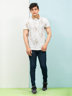 White & Brown Leaf Printed Half Sleeves Contrast Collar Polo T-Shirt (POLO-315)