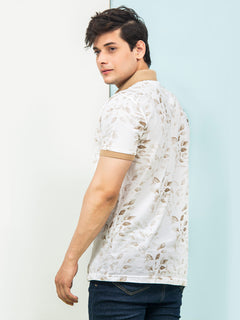 White & Brown Leaf Printed Half Sleeves Contrast Collar Polo T-Shirt (POLO-315)