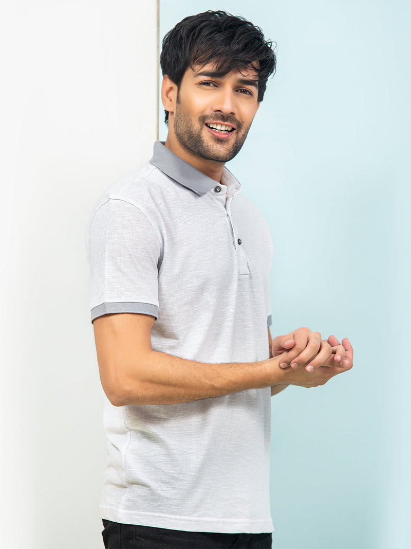 Light Grey Self Half Sleeves Contrast Collar Polo T-Shirt (POLO-330)