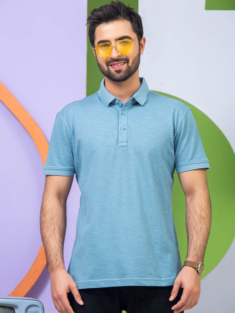 Blue Self Half Sleeves Polo T-Shirt (POLO-331)