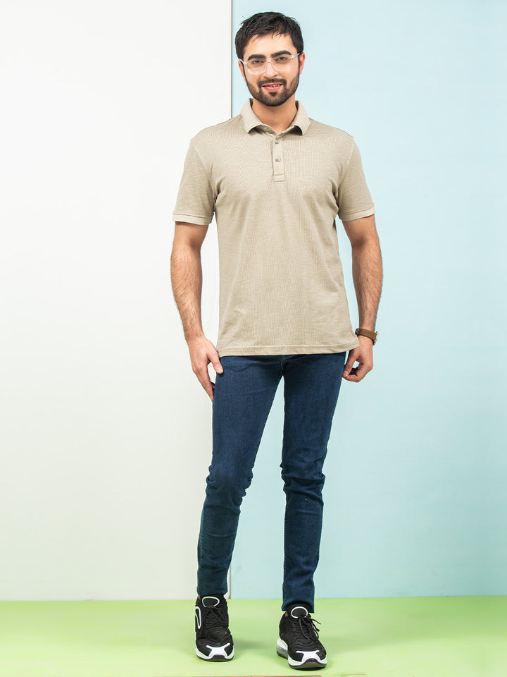 Beige Self Half Sleeves Polo T-Shirt (POLO-334)