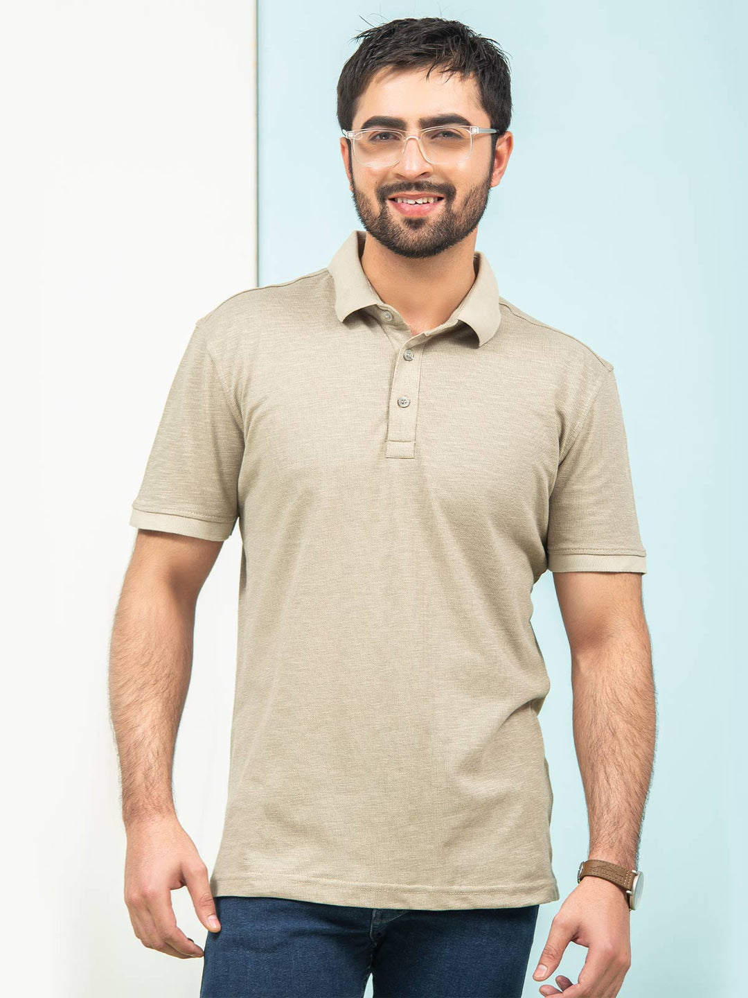 Beige Self Half Sleeves Polo T-Shirt (POLO-334)