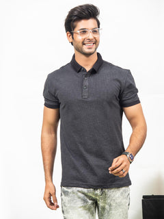 Charcoal Grey Self Half Sleeves Polo T-Shirt (POLO-335)