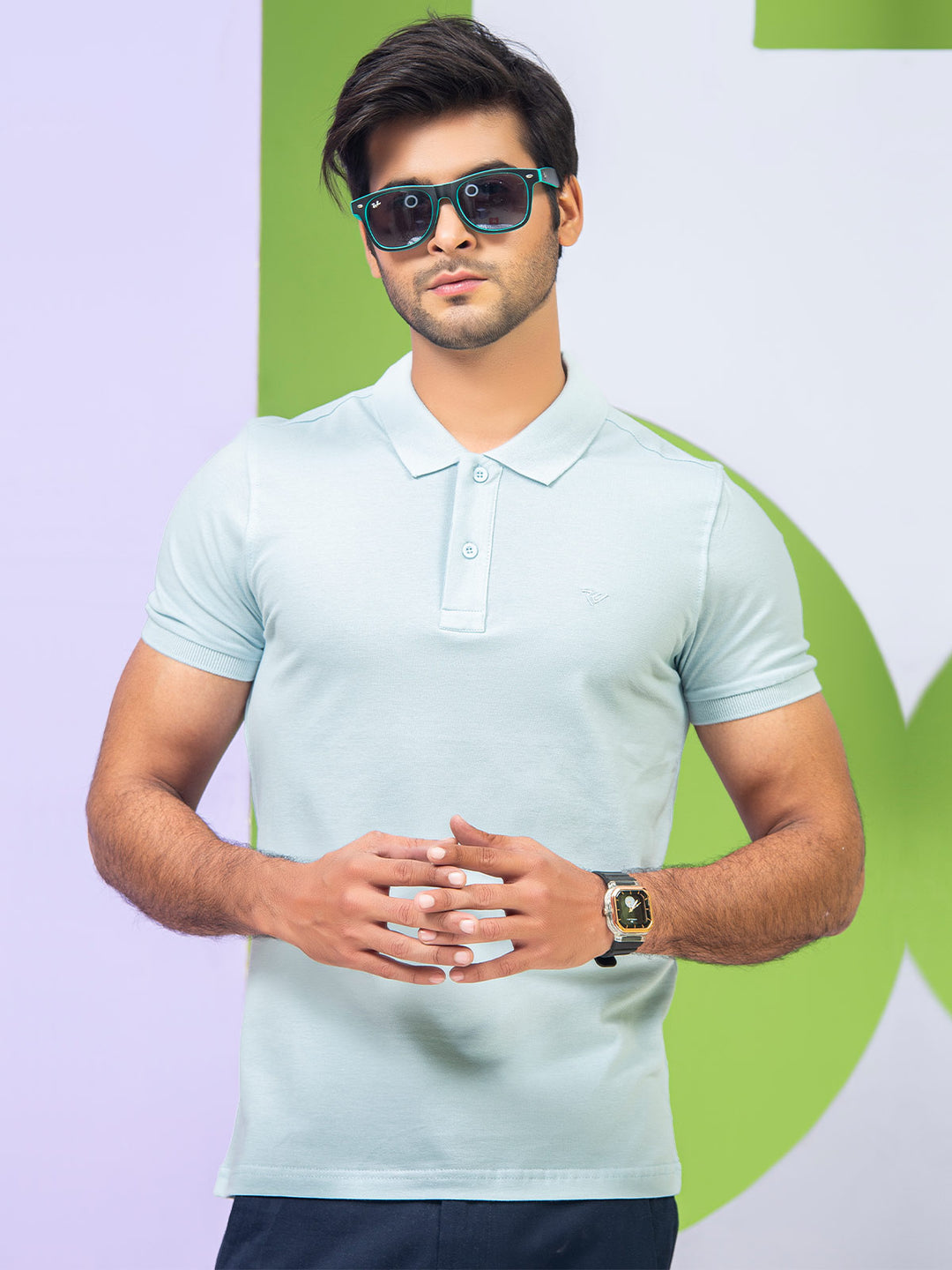 Ice Blue Plain Half Sleeves Polo T-Shirt (POLO-340)