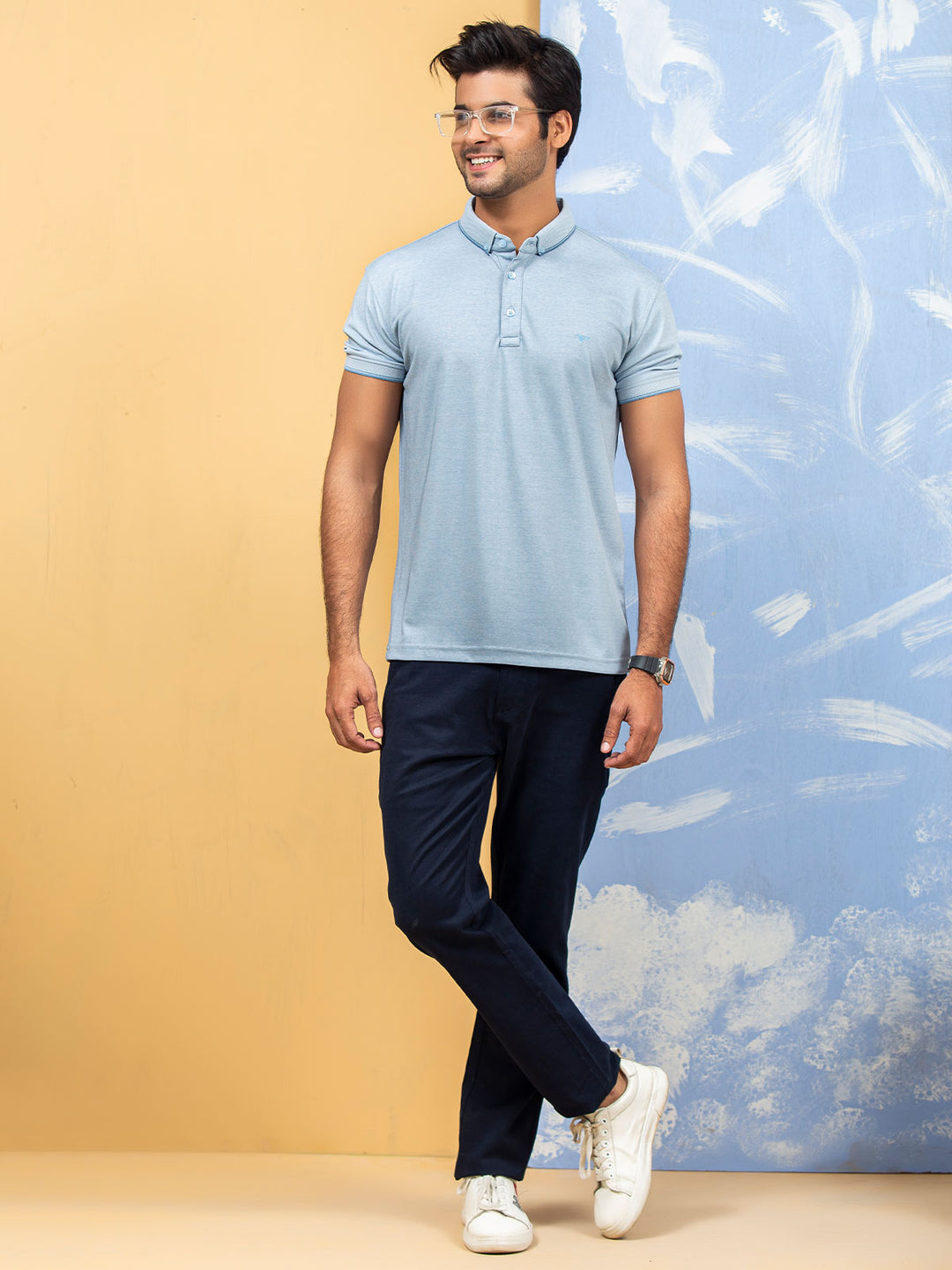 Ice Blue Self Half Sleeves Contrast Collar Polo T-Shirt (POLO-350)