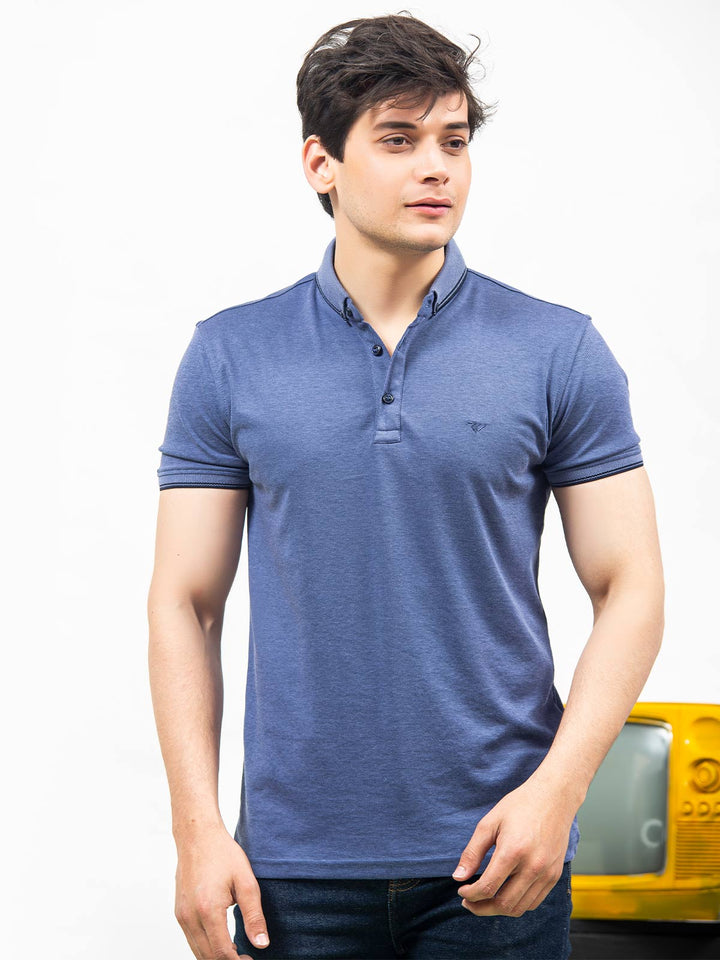 Blue Self Half Sleeves Polo T-Shirt (POLO-354)