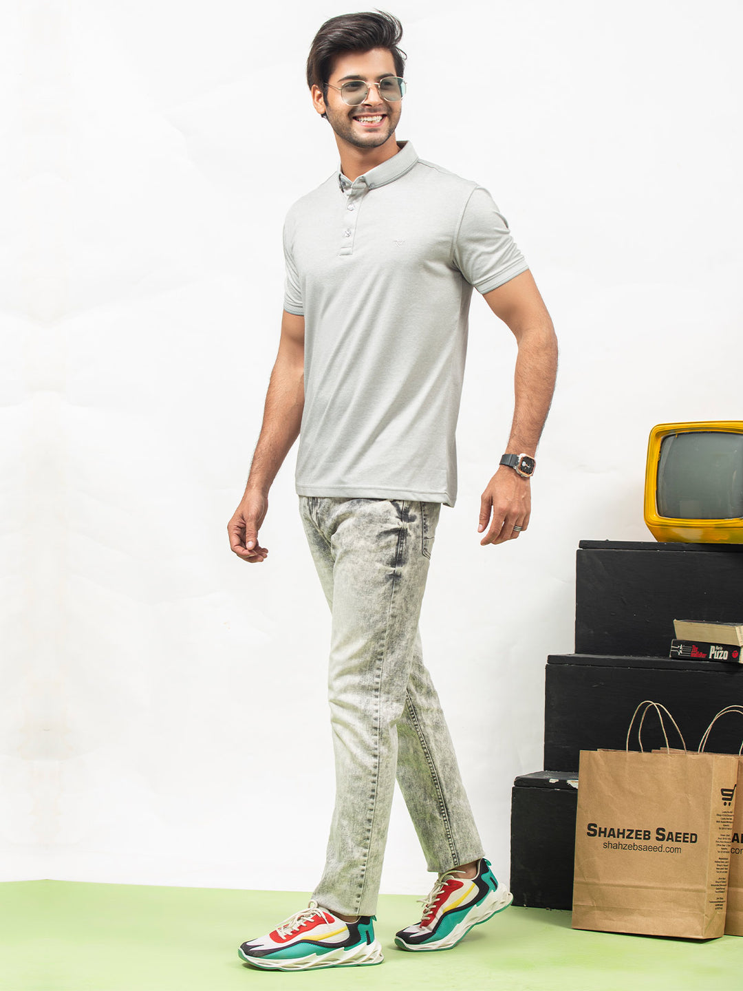 Grey Self Half Sleeves Polo T-Shirt (POLO-355)