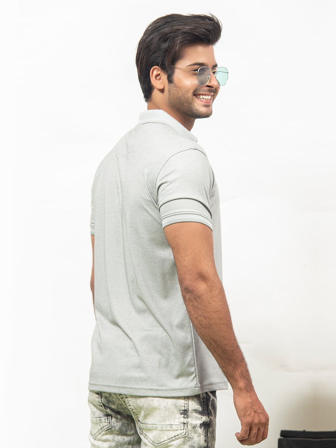 Grey Self Half Sleeves Polo T-Shirt (POLO-355)