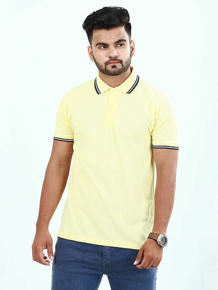 Lemon Plain Half Sleeves Contrast Tipping Polo T-Shirt (POLO-378)