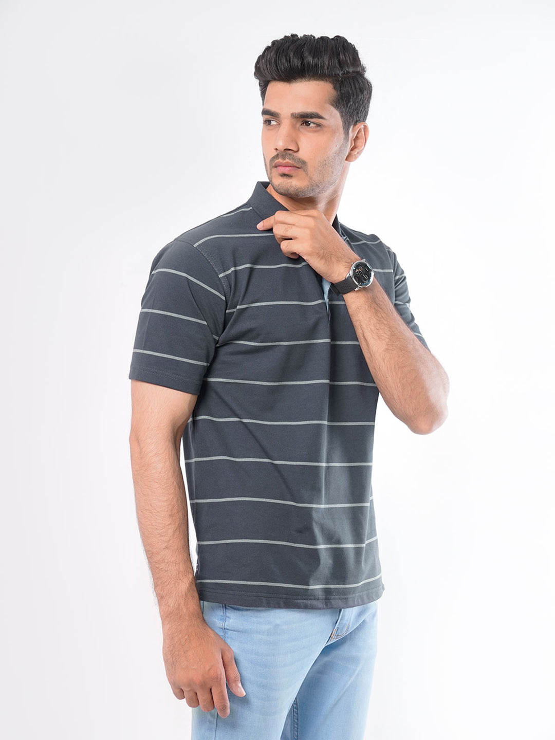 Dark Grey Striped Half Sleeves Polo T-Shirt (POLO-416)