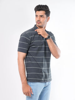 Dark Grey Striped Half Sleeves Polo T-Shirt (POLO-416)