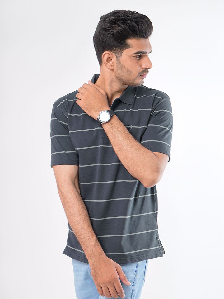 Dark Grey Striped Half Sleeves Polo T-Shirt (POLO-416)