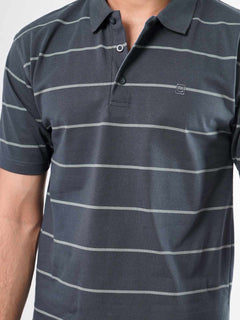 Dark Grey Striped Half Sleeves Polo T-Shirt (POLO-416)