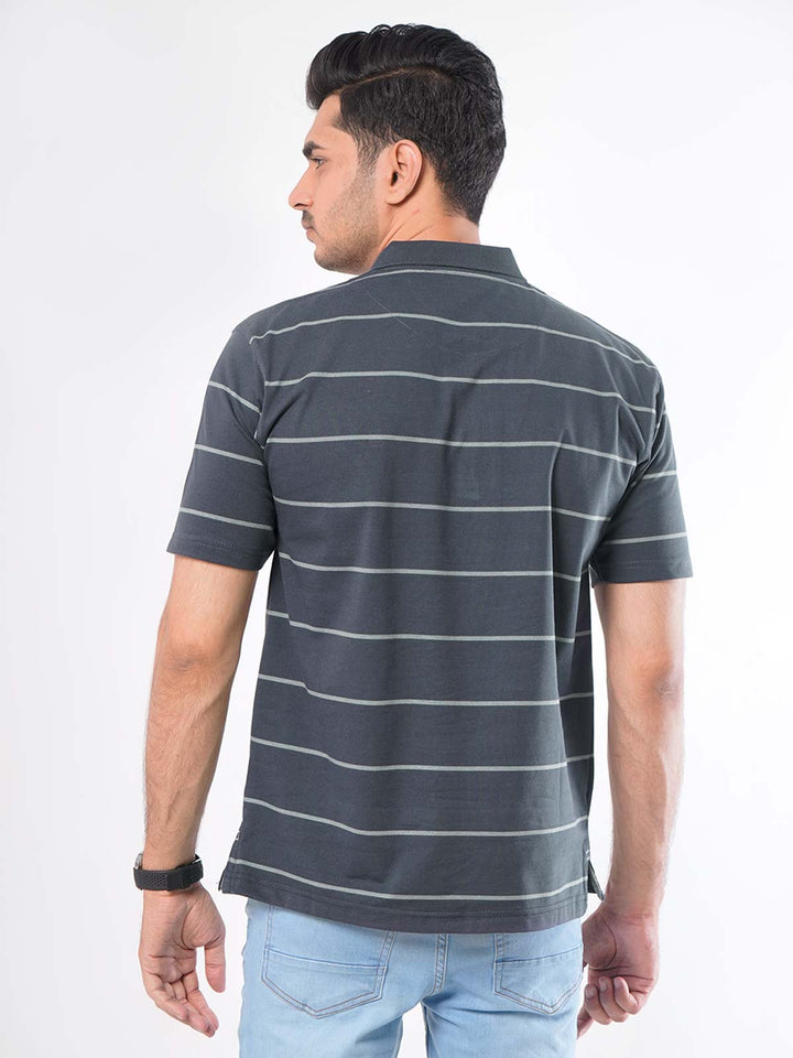 Dark Grey Striped Half Sleeves Polo T-Shirt (POLO-416)