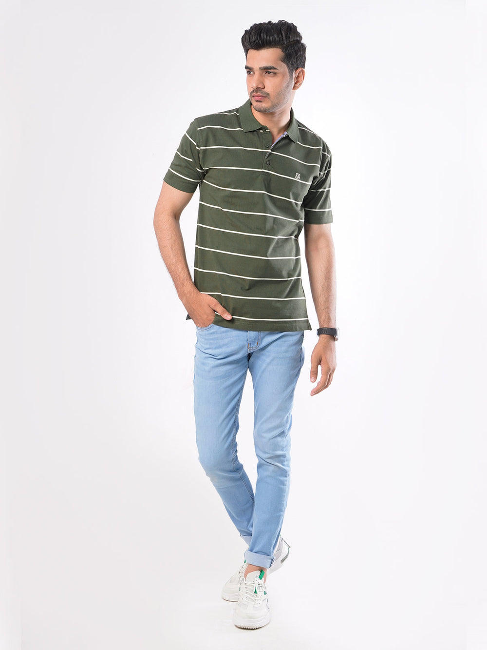 Olive Green & White Striped Half Sleeves Polo T-Shirt (POLO-417)