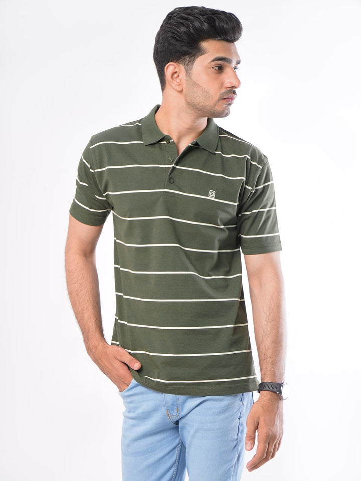 Olive Green & White Striped Half Sleeves Polo T-Shirt (POLO-417)